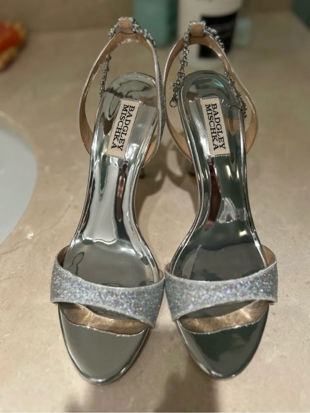 Badgley Mischka Silver Glitter Strap Slingback Heels
